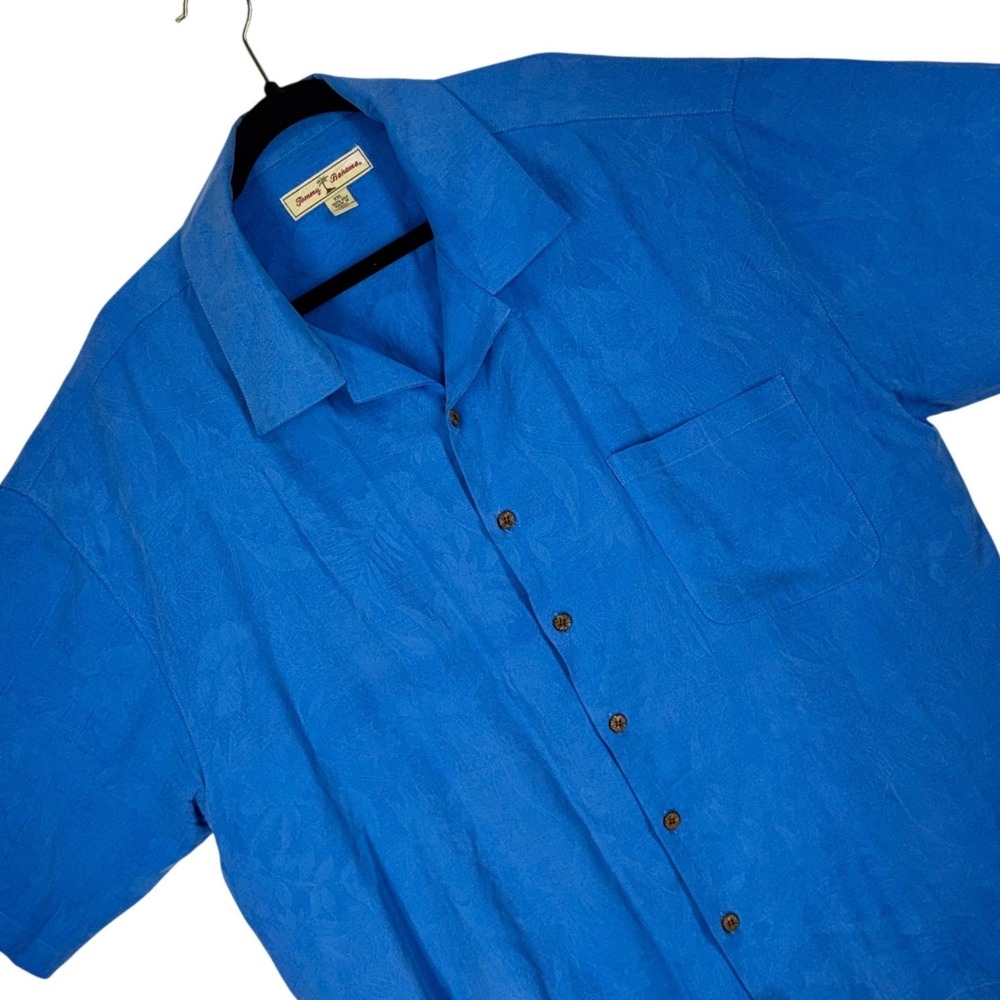 Tommy Bahama Mens XXL Blue 100% Silk Tropical Jacquard Short Sleeve Camp Shirt